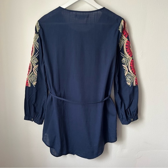 Anthropologie Hei Hei Agonda Blue Embroidered Tunic Blouse Button Front Belt -10 - Picture 2 of 12